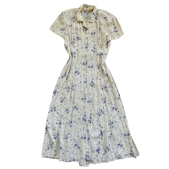 American Vintage Dresses & Skirts - Vintage Butter Yellow Floral Rayon Midi Dress Modest Retro 90s cottage 10